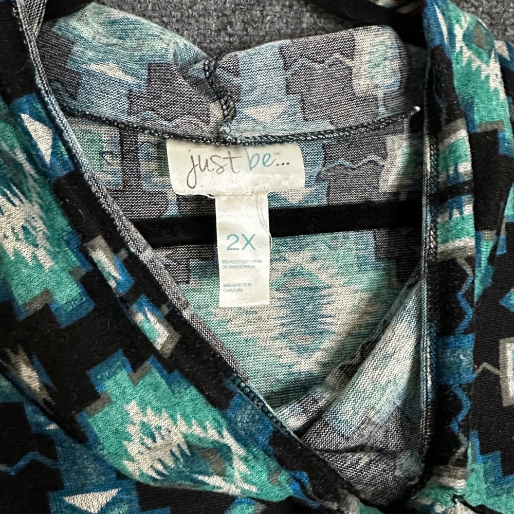 Just Be Southwestern Aztec Print Hoodie Teal Black Geometric‎ Pullover 2X - Picture 3 of 4